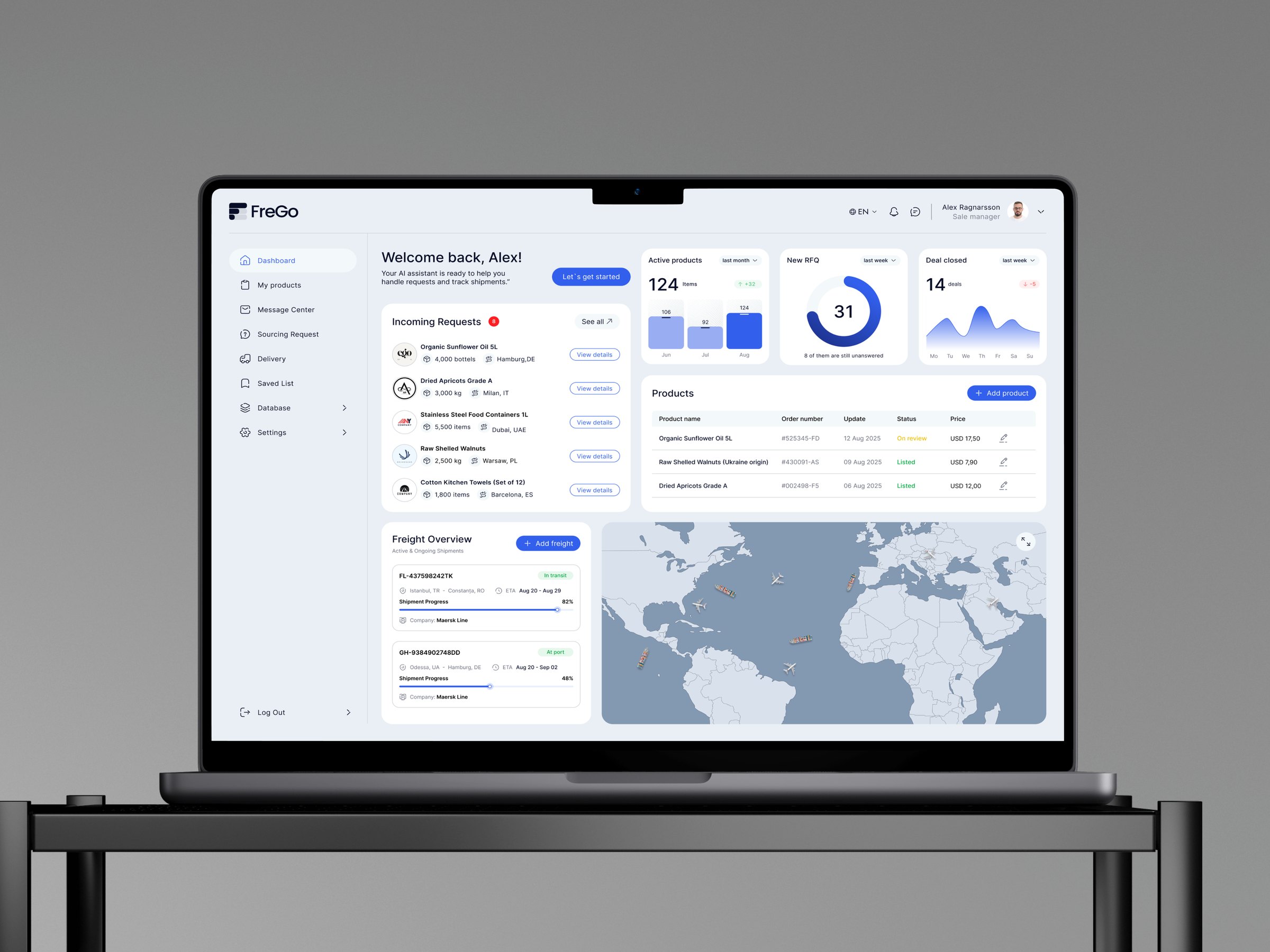 Supplier dashboard with KPIs, requests and freight overview