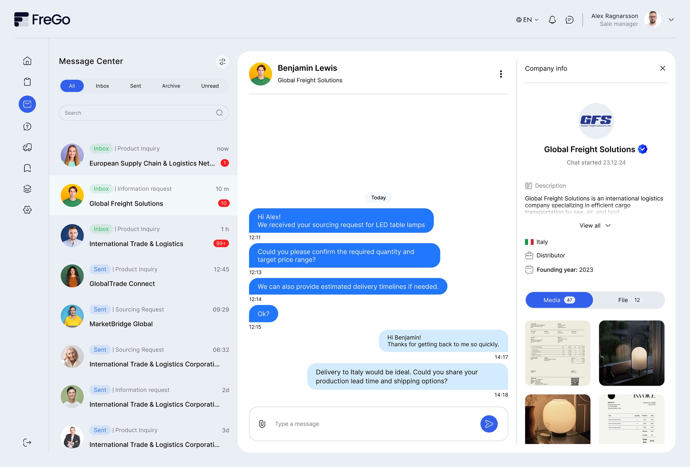 Message center with company info panel