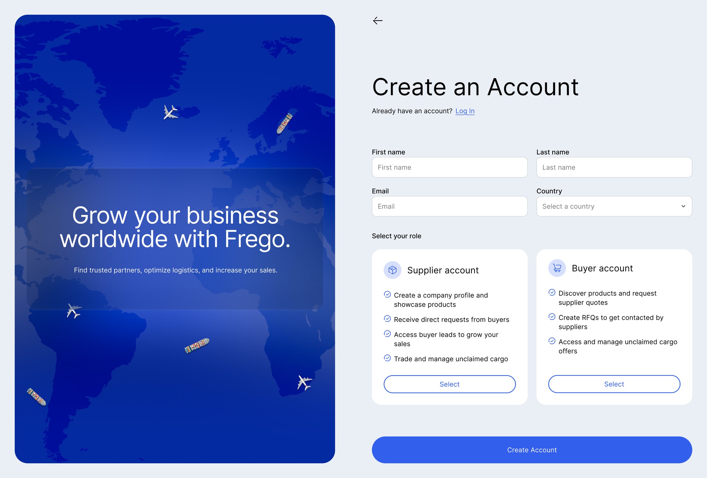New one-screen registration with role cards