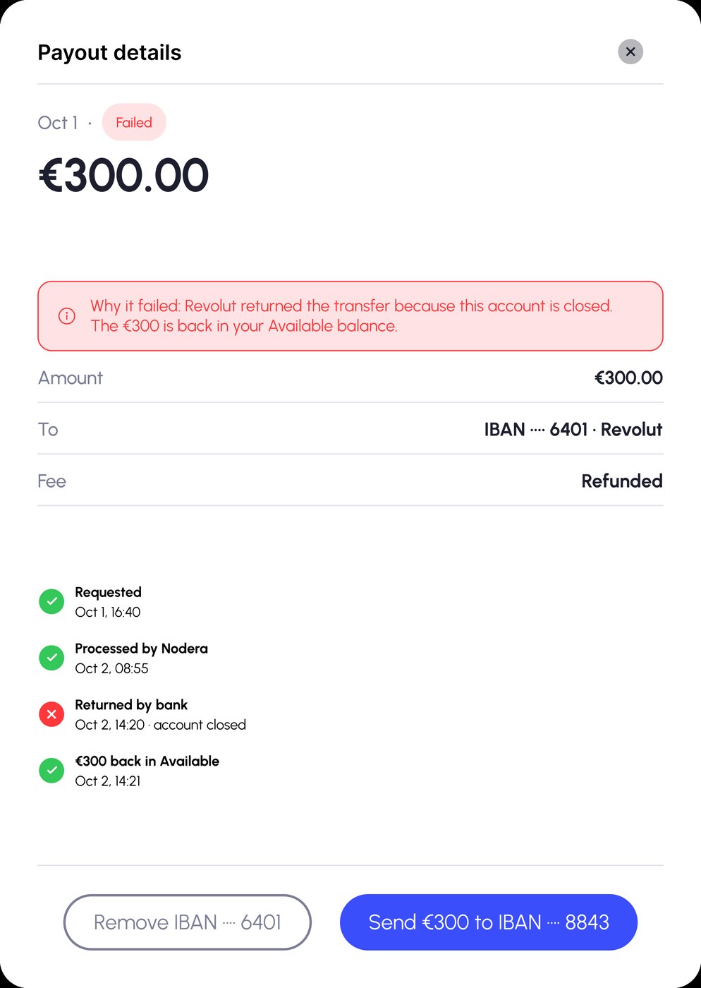 Failed payout with reason and next actions
