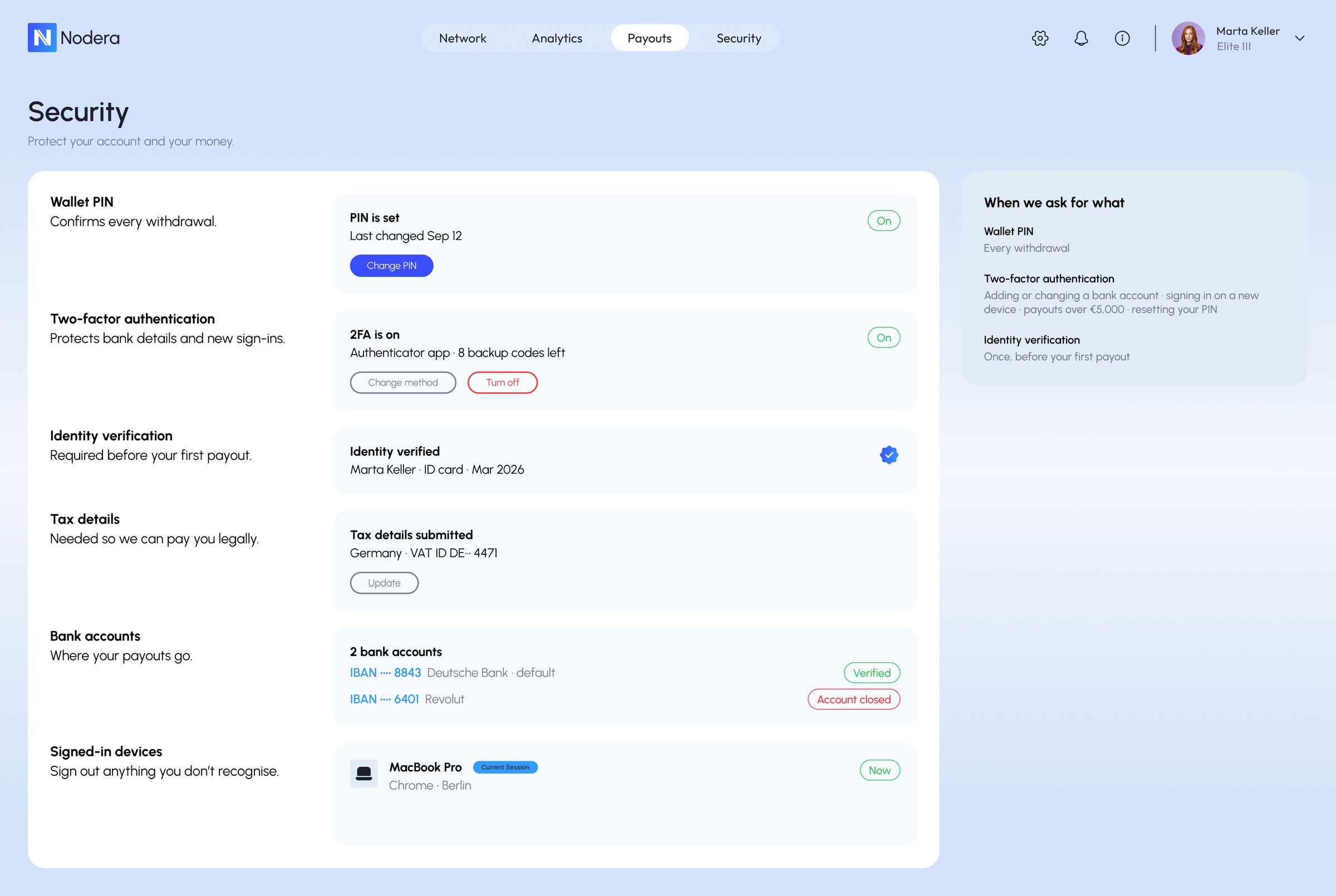 Security settings page with PIN, 2FA, identity, tax, bank accounts and devices
